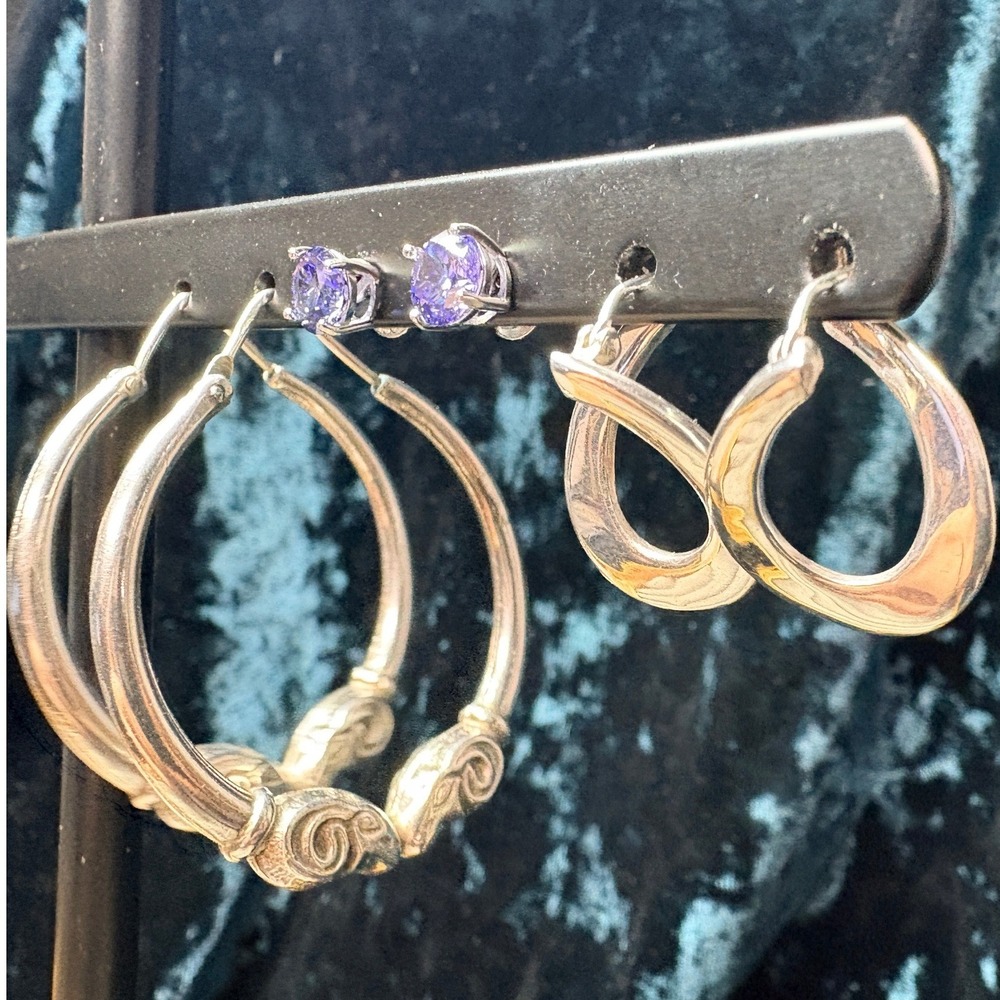 Sterling Silver Hoop Earrings & Amethyst Studs Set 925‎ Gemstone Jewelry